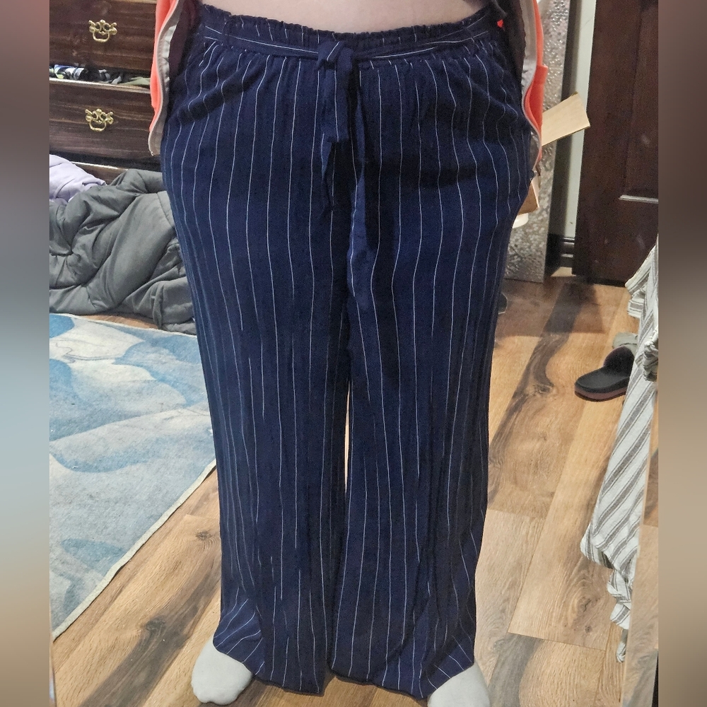 Lularoe Dianne Navy Pinstripe Wide Leg Pants Elastic Waist With Tie